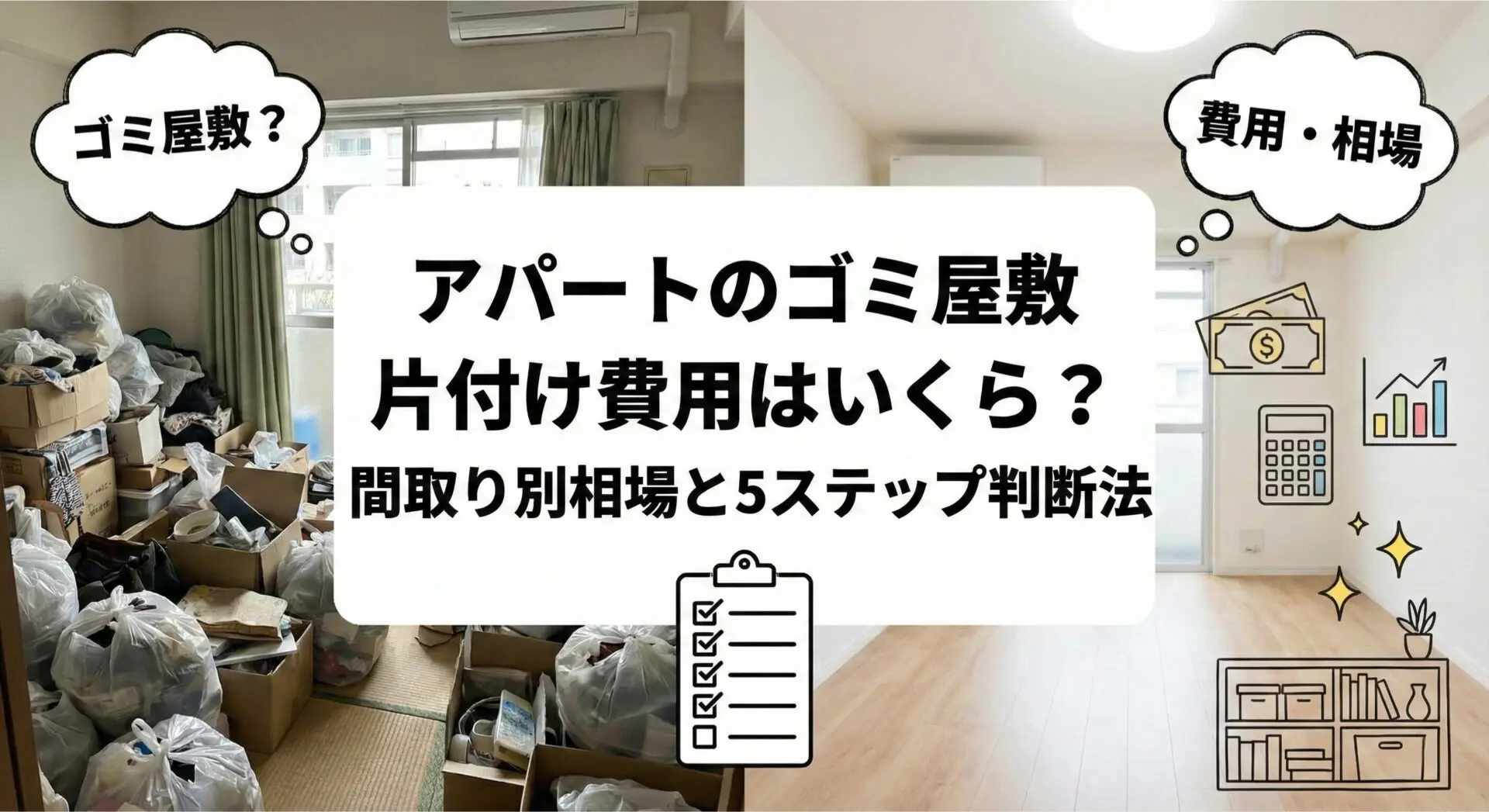アパートのゴミ屋敷・汚部屋片付け費用はいくら？間取り別相場と5ステップ判断法