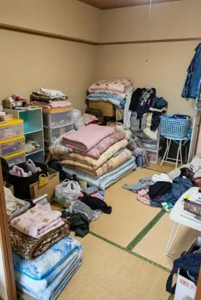 愛媛県鬼北町のアパート2LDK・床が見えないほどゴミが積み上がったゴミ屋敷片付け前の状態