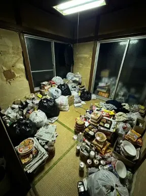 三重県御浜町のアパート2LDK・廊下まで段ボールや雑誌が山積みになったゴミ屋敷片付け前の状態